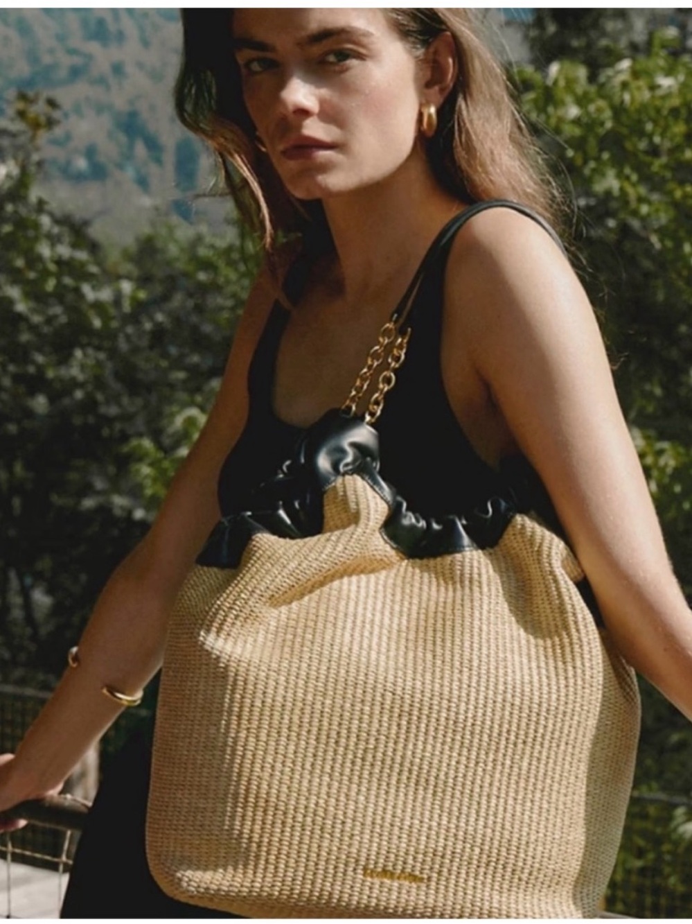DeMellier Beige Straw Tote with Black Leather Trim and Gold Chain Handles - Picture 2 of 7
